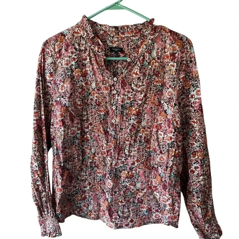 Talbots Floral Size Large Button Blouse Silver Thread Dots Elastic Wrist Vibrant